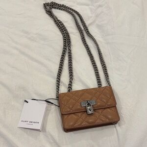 Kurt Geiger tan quilted leather crossbody card holder with silver chain